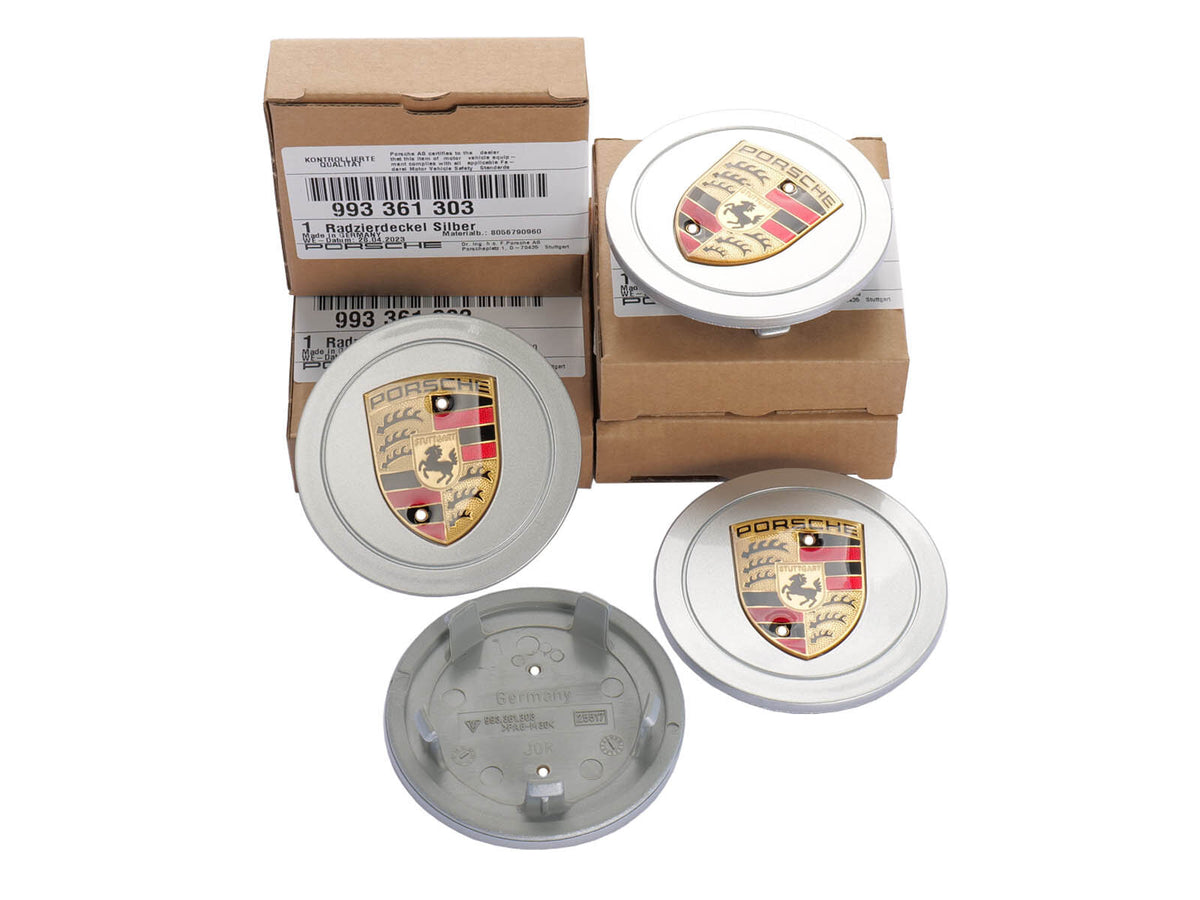 Porsche 993 1994-97 Silver Wheel Centre Caps Coloured Crest Set of Four 9933613030761M Porsche
