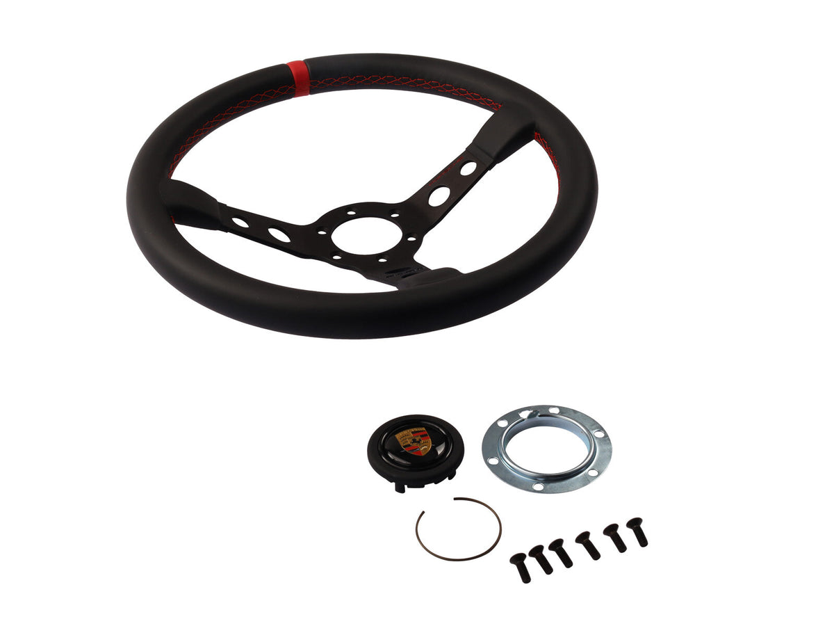 Porsche 911 912E 928 964 993 1963-97 Track-Only Black Leather Steering Wheel Red Stitching PCG34708420 Porsche