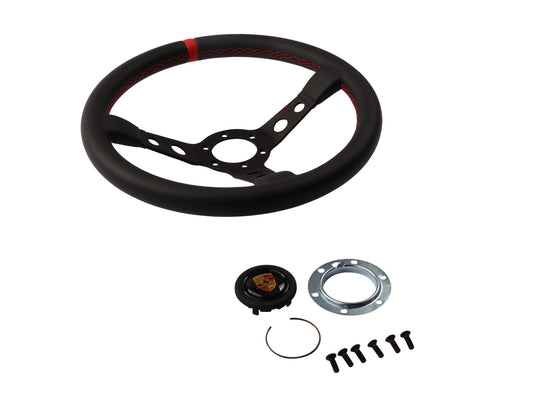 Porsche 911 912E 928 964 993 1963-97 Track-Only Black Leather Steering Wheel Red Stitching PCG34708420 Porsche