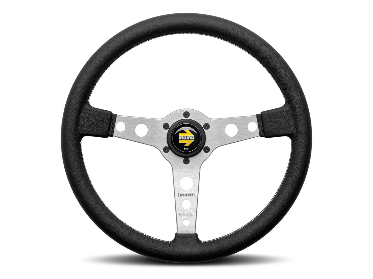 Porsche 911 912 912E 914 924 928 944 964 968 993 1963-97 Non-Airbag Prototipo Smooth Leather Black Silver 370mm Steering Wheel MOMO