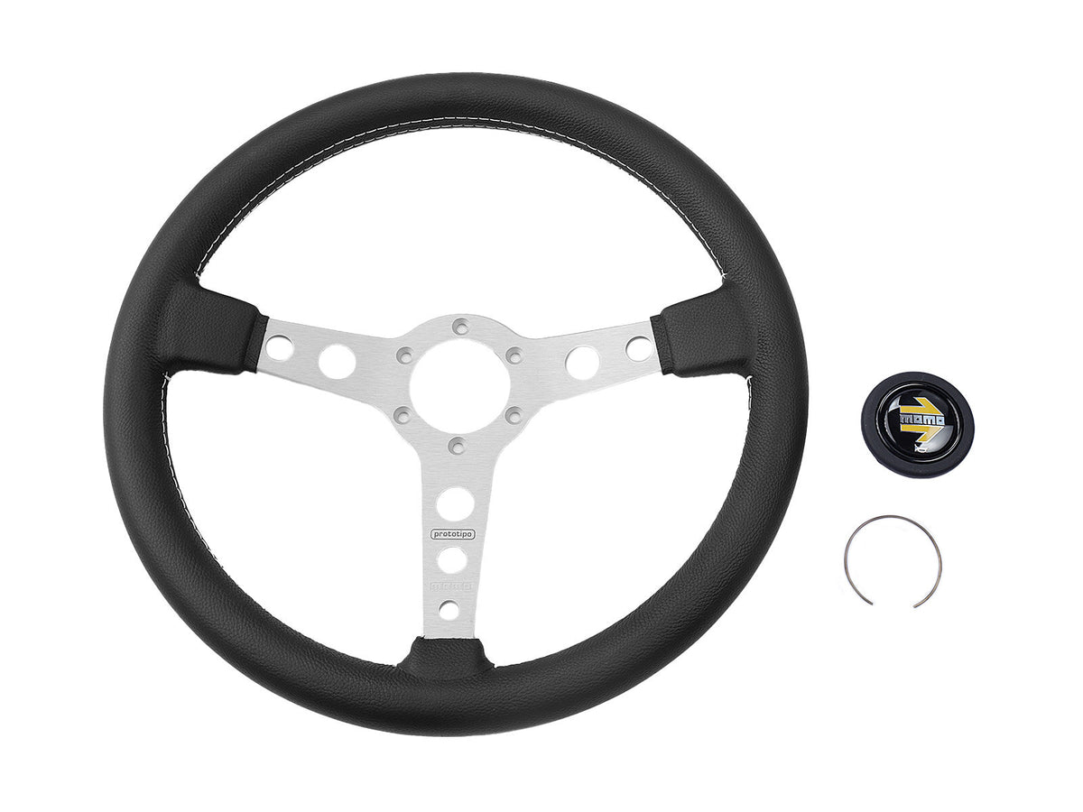 Porsche 911 912 912E 914 924 928 944 964 968 993 1963-97 Non-Airbag Prototipo Smooth Leather Black Silver 370mm Steering Wheel MOMO