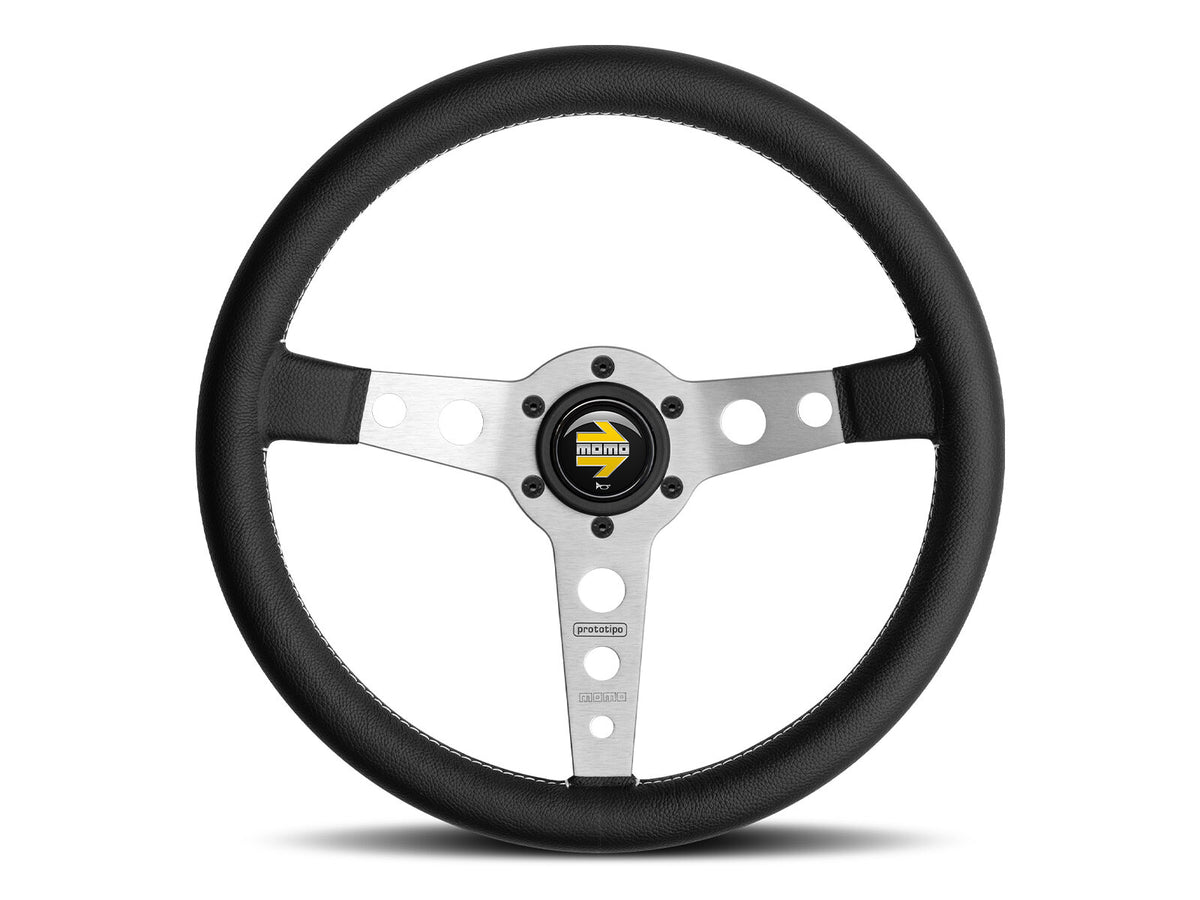 Porsche 911 912 912E 914 924 928 944 964 968 993 1963-97 Non-Airbag Prototipo Smooth Leather Black Silver 350mm Steering Wheel MOMO