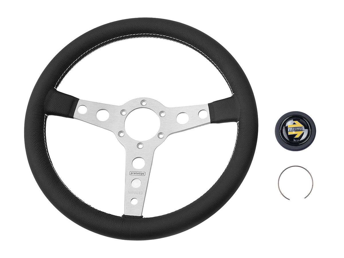 Porsche 911 912 912E 914 924 928 944 964 968 993 1963-97 Non-Airbag Prototipo Smooth Leather Black Silver 350mm Steering Wheel MOMO