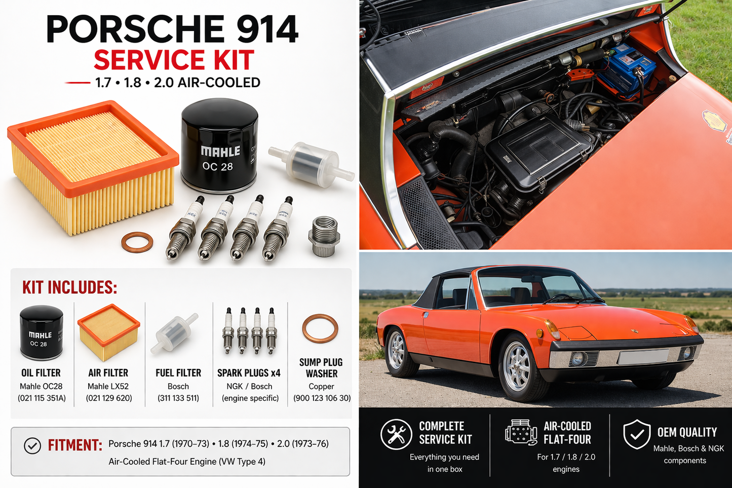 Porsche 914 1.7 1.8 2.0 Service Kit Oil Air Fuel Filters Spark Plugs